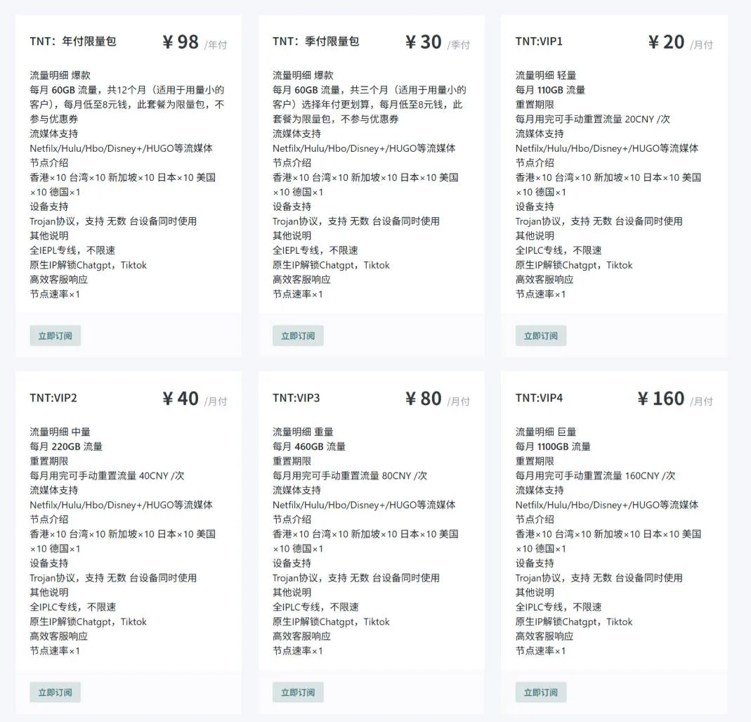 TNTCloud官网订阅套餐截屏