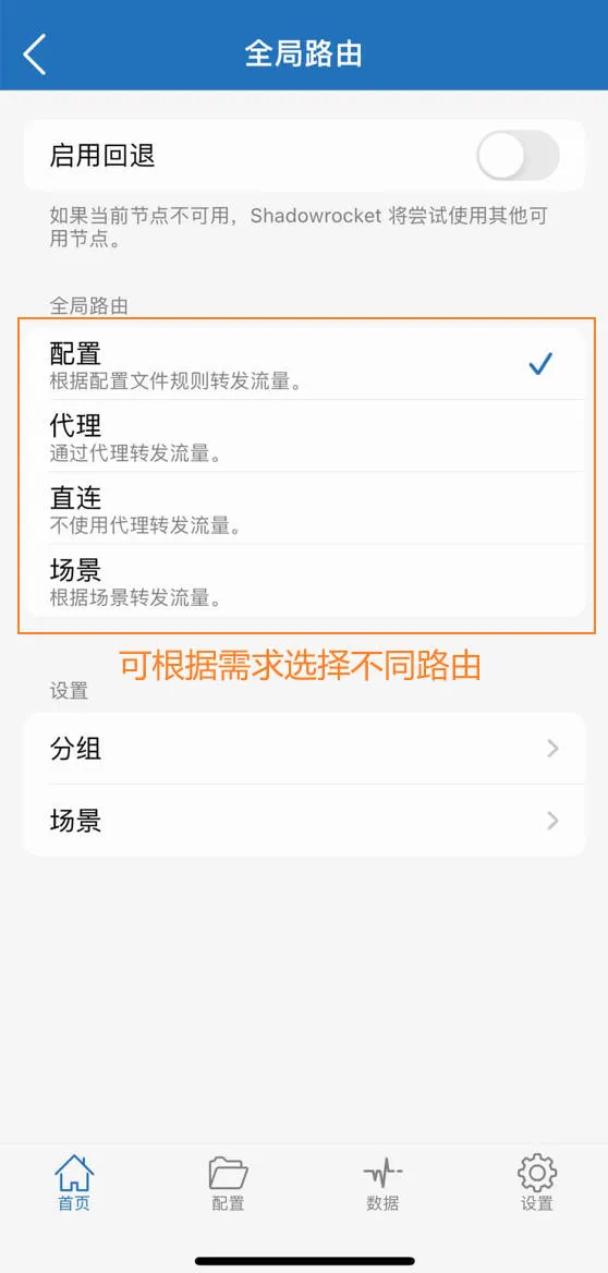 Shadowrocket选择不同路由模式