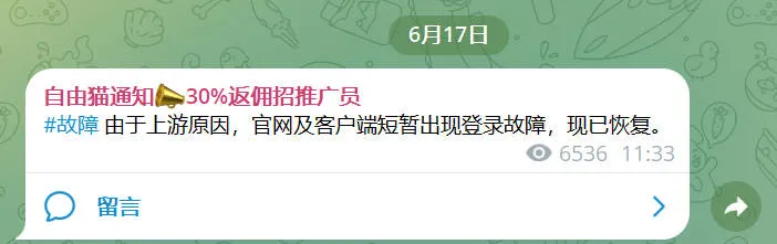 Freecat官方 TG 频道 6 月 17 日公告截图