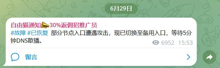 Freecat官方 TG 频道 6 月 29 日公告截图