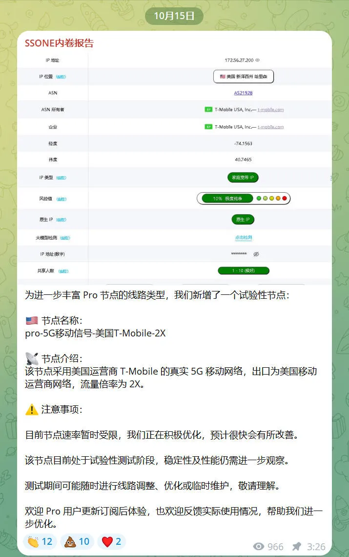 SSONE 官方 TG 频道 10 月 15 日公告截图